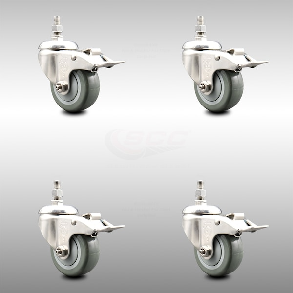 Service Caster 3.5 Inch 316SS Gray Polyurethane Swivel 12mm Stem Caster Set Lock Brake SCC SCC-SS316TSTTL20S3514-PPUB-M1215-4 - main
